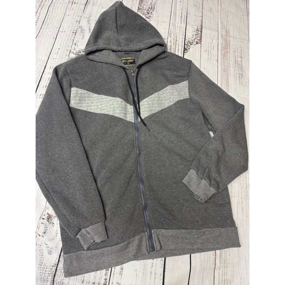 LR SCOOP Mens XL Gray Full Zip Up‎ Hoodie Chevron Stripe Casual Sweatshirt